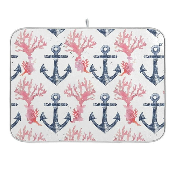 Anchor and Coral Dish Drying Mat 16x18 Absorbent Microfiber Draining Rack Pad for Kitchen Counter Sink