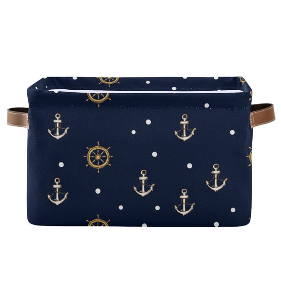 Anchor and Rudder Storage Basket Canvas Waterproof PE Lining PU Leather Handles Collapsible 14.2x10.2x8.3in
