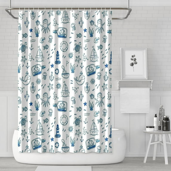 Anchor and Sailboat Bathroom Shower Curtain 72x72 Inch Waterproof Polyester Fabric with Hooks, Classic Nautical Theme for Coastal and Beach Bathrooms