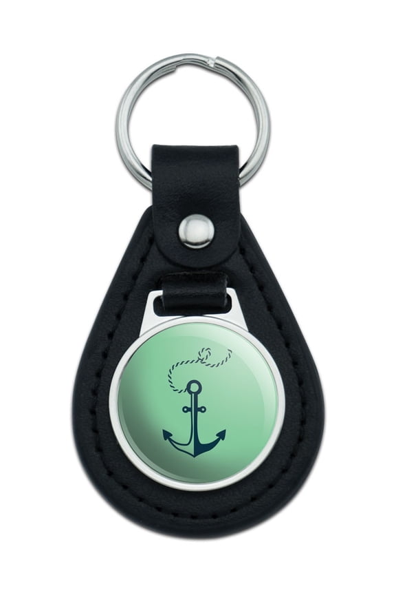 Anchor with Rope Nautical Sea Navy on Mint Green Black Leather Keychain