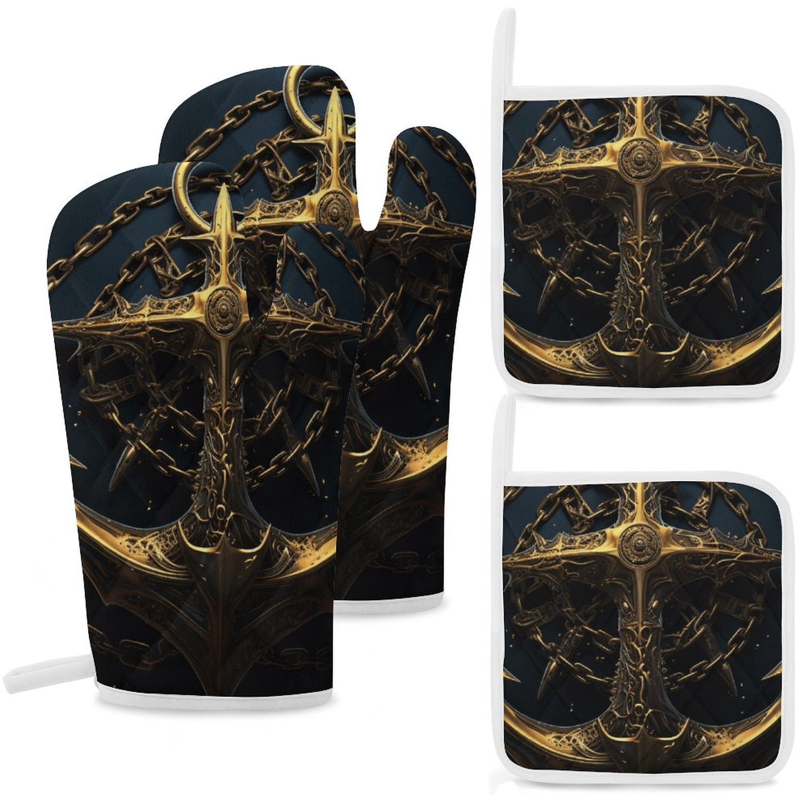 Anchor with Sailing Heat Resistant Microwave Oven Gloves Set for BBQ Baking Grilling,Baking Gifts Cooks for Women,Housewarming Gifts for New Home