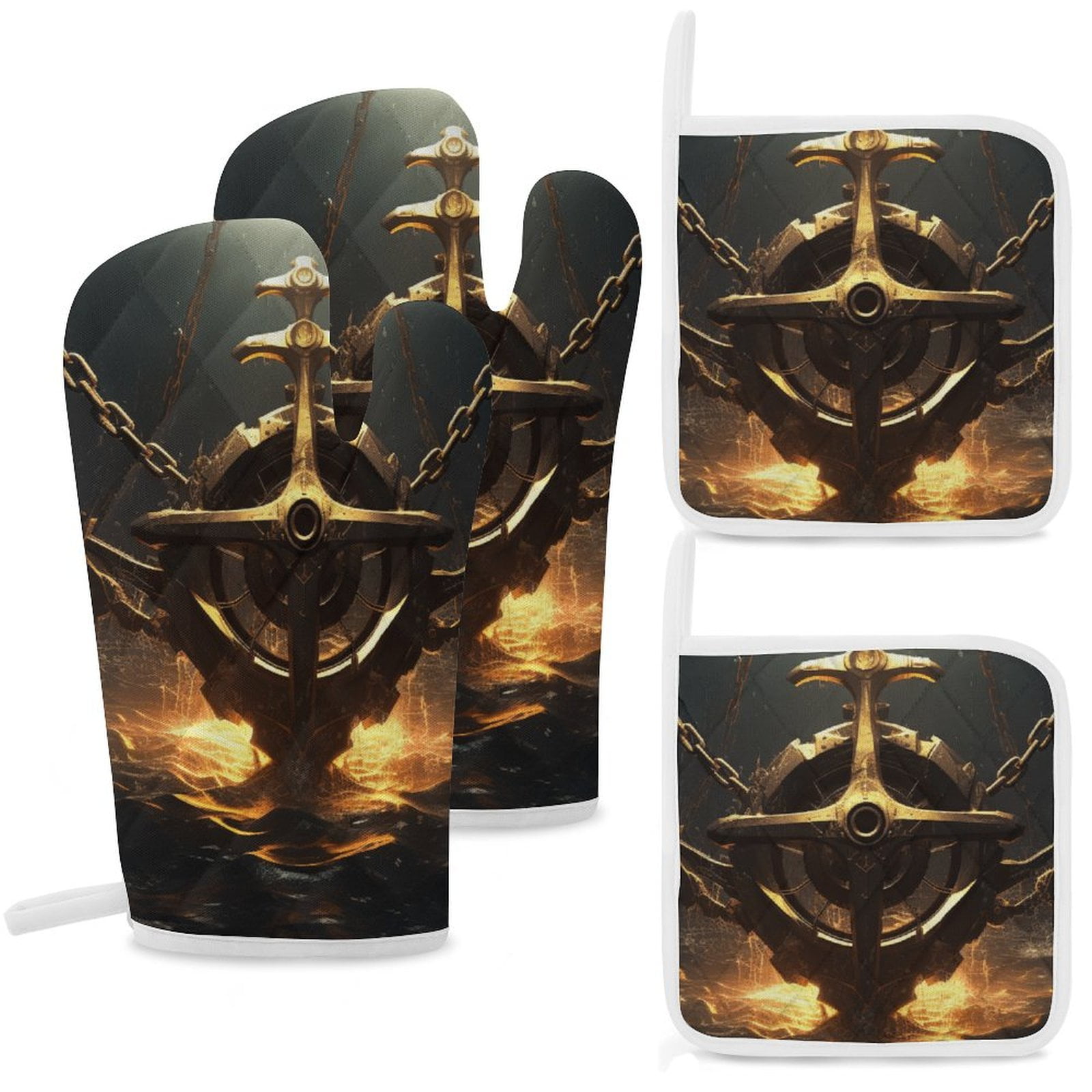 Anchor with Sailing Oven And Pot Holders Sets, Heat Resistant Pads Kitchen Decor for Cooking Baking BBQ Grilling, Christmas Kitchen Gifts