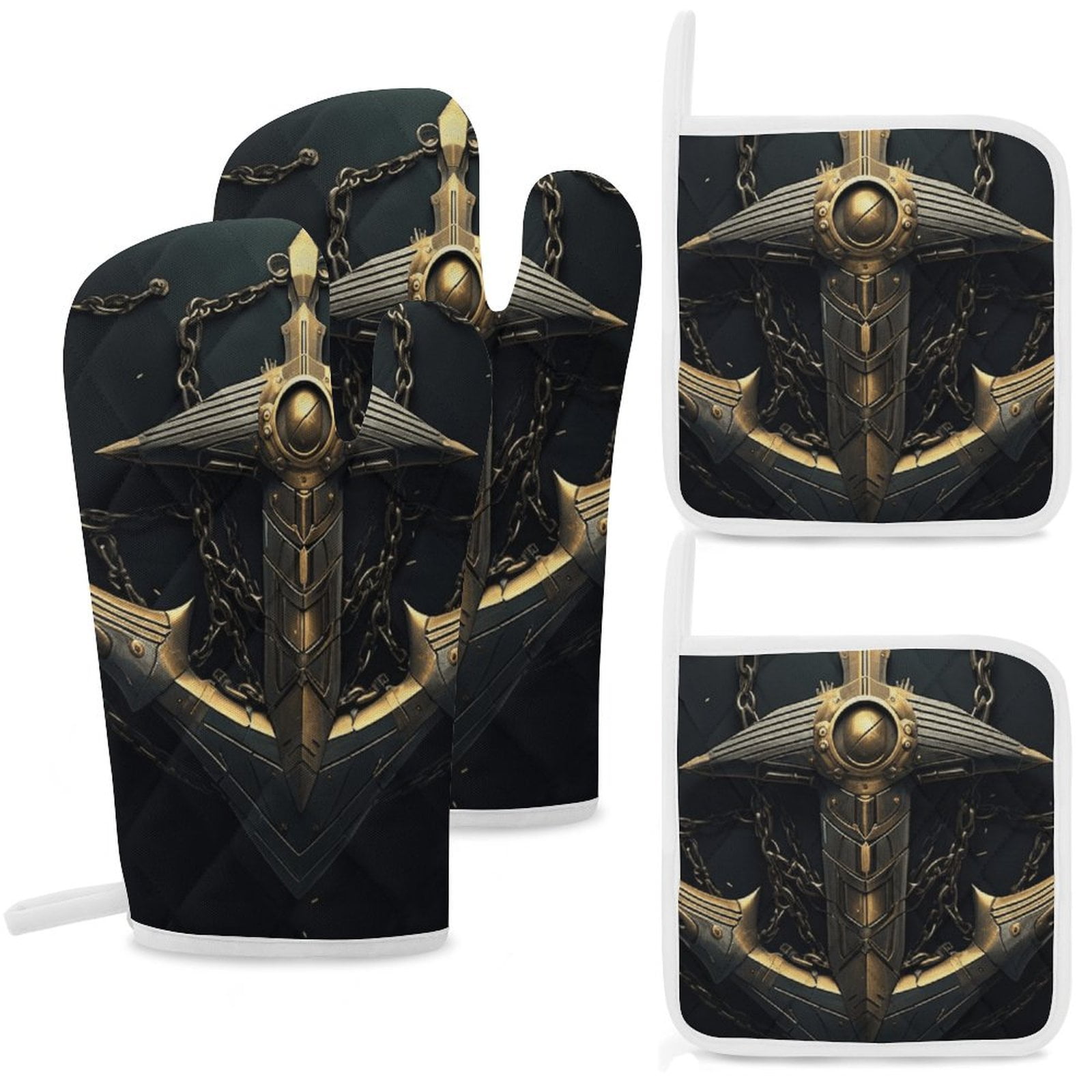 Anchor with Sailing Oven And Pot Holders Sets, Heat Resistant Pads Kitchen Decor for Cooking Baking BBQ Grilling, Christmas Kitchen Gifts