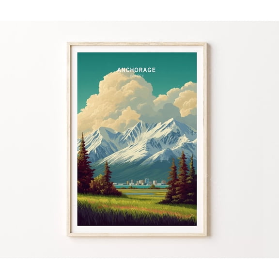 Anchorage Alaska City Skyline Mountain Backdrop Wall Art, Unframed Paper Poster 8x10in
