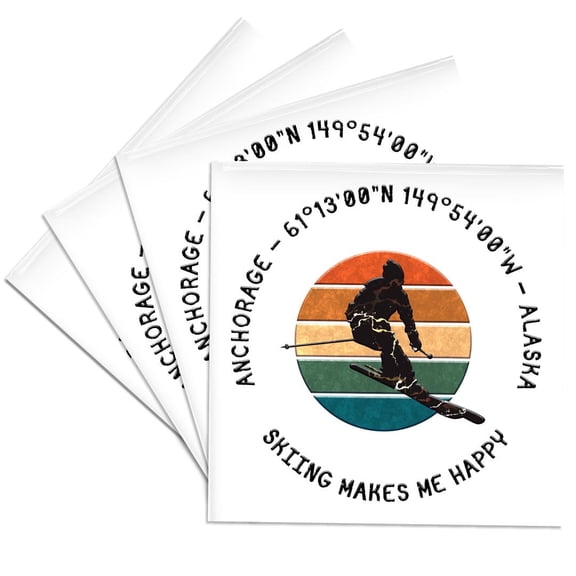 3drose, Anchorage, Alaska. Man Skier on White. Alpine Skiing, America Gift, Set of 4 Ceramic Tile Coasters