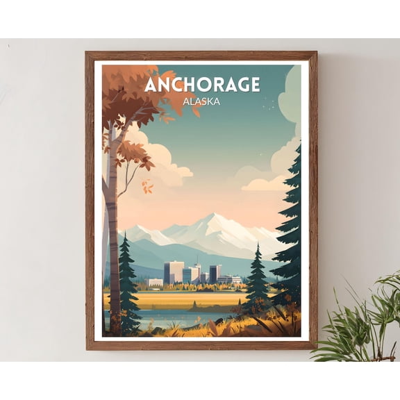 Anchorage Alaska Retro Travel Mid Century Modern Vintage Cityscape North America Wall Art, Unframed Poster