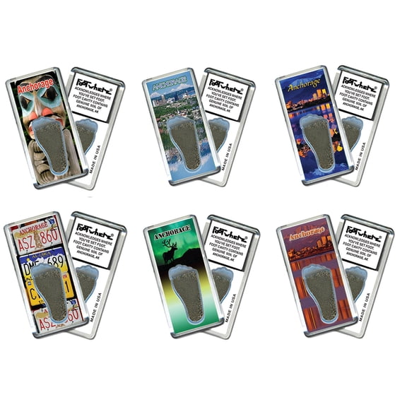 Anchorage FootWhere Souvenir Fridge Magnets. 6 Piece Set. (ANC200 - Assorted)