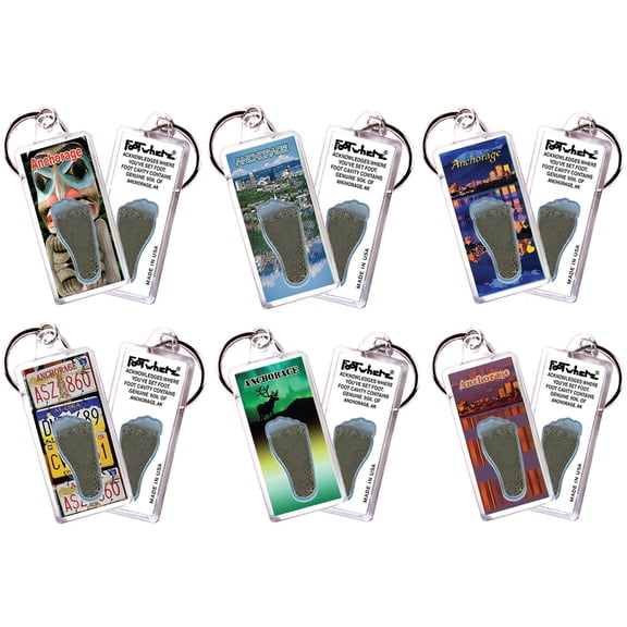 Anchorage FootWhere Souvenir Keychains. (ANC100 - Assorted) 6 Piece Set.