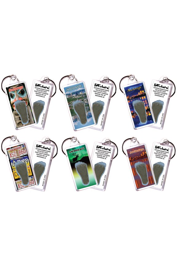 Anchorage FootWhere Souvenir Keychains. (ANC100 - Assorted) 6 Piece Set.