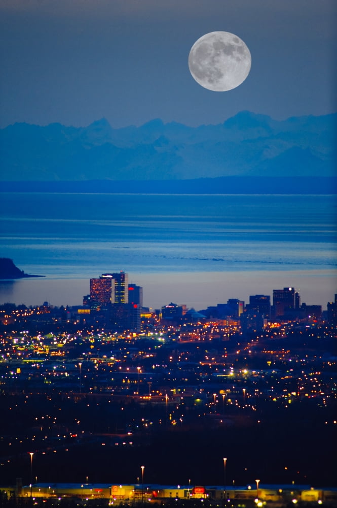 Anchorage Skyline At Sunset With The Cook Inlet In The Background Southcentral Alaska Spring Canvas Art - Michael Jones Design Pics (11 x 17)