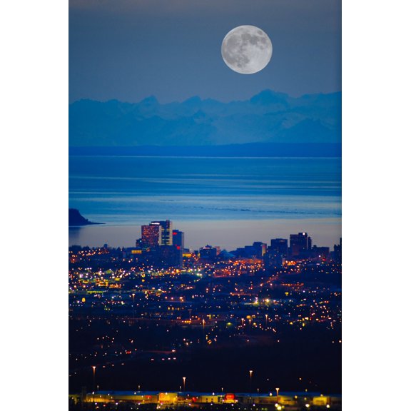 Anchorage Skyline At Sunset With The Cook Inlet In The Background Southcentral Alaska Spring Canvas Art - Michael Jones Design Pics (11 x 17)