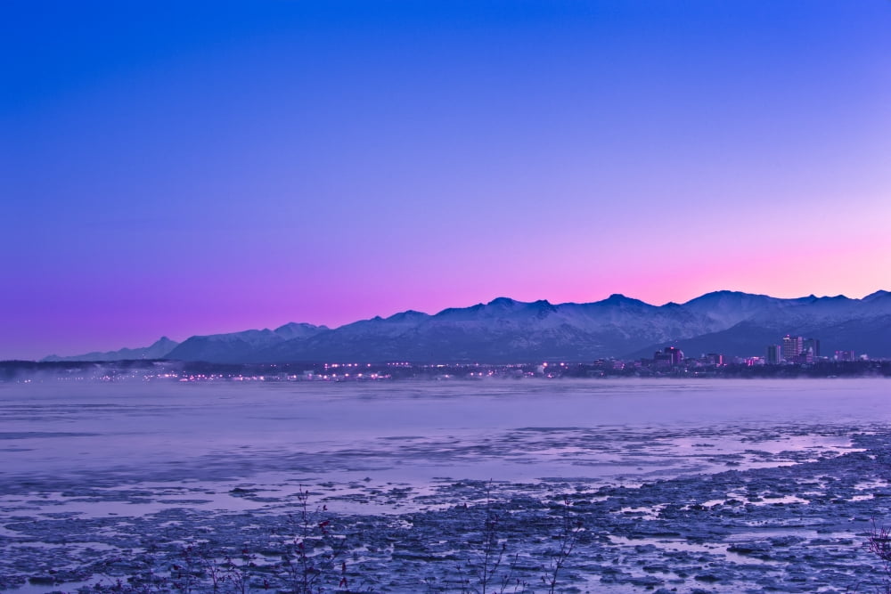 The Anchorage Skyline Before Dawn With Fog Rising From The Waters Of Knik Arm As Seen From Earthquake Park Southcentral Alaska Canvas Art - Kevin Smith Design Pics (18 x 12)