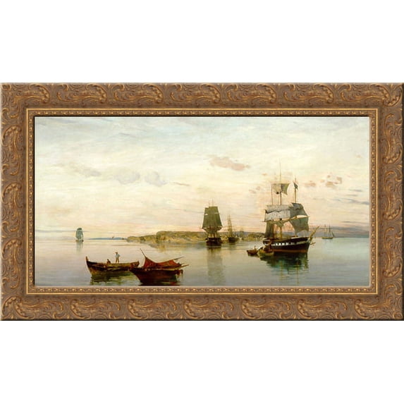 Anchored boats 24x14 Gold Ornate Wood Framed Canvas Art by Konstantinos Volanakis