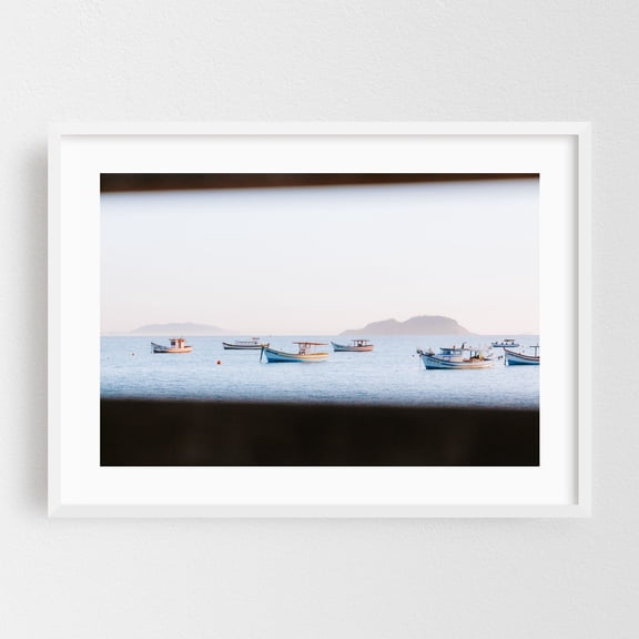 Anchored boats - Florianópolis State of Santa Catarina Brazil Photography Boat Seascape Ocean Coast Harbor Fishing Maritime White Framed Wall Art Print 5 x 7 inches