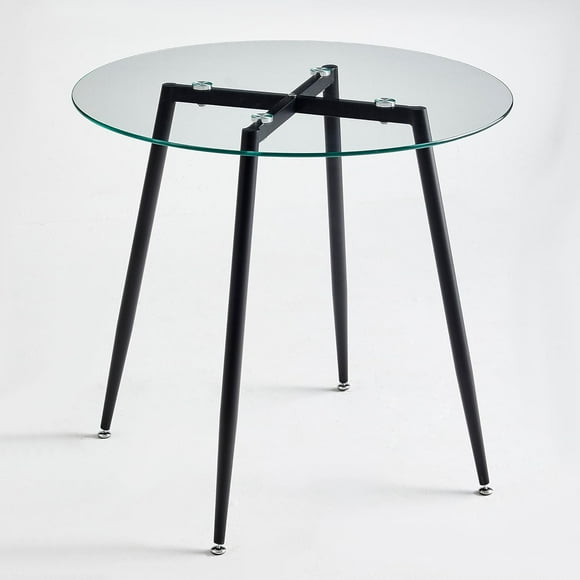 Anchorhome 31.4" Tempered Glass Top Modern Round Glass Dining Kitchen Table for 4 with Black Legs, Small Space, Apartment, Living Room, Office