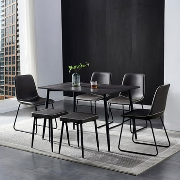 Anchorhome 47"(W) Modern Wooden Dining Table Set for 4/6, with 4 Armless Dining Chairs Plus 2 Sturdy Stools Faux Leather Metal Frame, Dining Room Kitchen Apartment