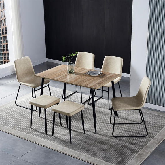 Anchorhome 47"(W) Modern Wooden Dining Table Set for 4/6, with 4 Armless Dining Chairs Plus 2 Sturdy Stools Faux Leather Metal Frame, Dining Room Kitchen Apartment