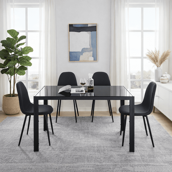 Anchorhome 5-Piece Modern Dining Table Set for 4, Black Tempered Glass Top Kitchen Table with 4 Upholstered Chairs, Rectangular Dining Room Set for Small Space, Apartment, Breakfast Nook - Black