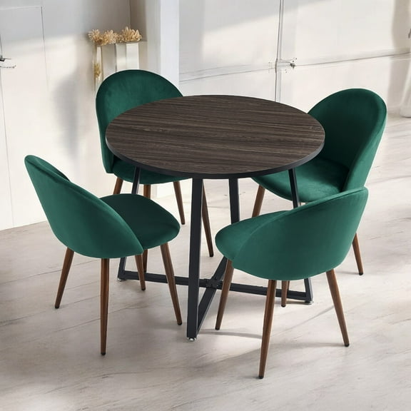 Anchorhome 5-Piece Modern Round Wooden Dining Table Set with 4 Velvet Chairs, 35" Space-Saving Kitchen Furniture for Small Apartments & Coffee Table Set (Gray Top, Green)
