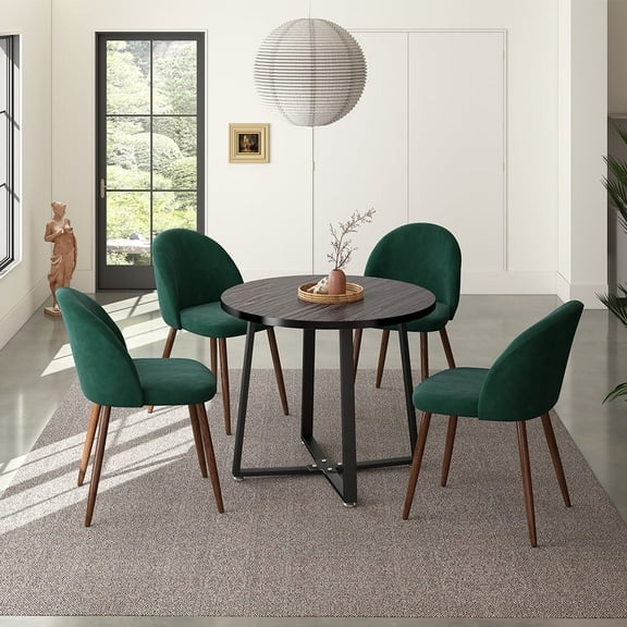 Anchorhome 5-Piece Modern Round Wooden Dining Table Set with 4 Velvet Chairs, 35" Space-Saving Kitchen Furniture for Small Apartments & Coffee Table Set (Gray Top, Green)