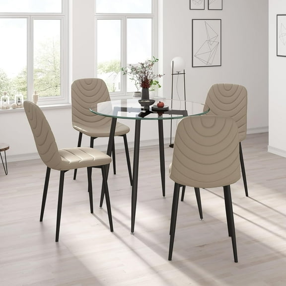 Anchorhome Modern 5-Piece Round Glass Dining Table Set with Faux Leather Chairs - Space-Saving Kitchen Furniture for Small Apartments