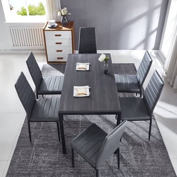 Anchorhome Modern 7-Piece Kitchen Dining Table Set Woden MDF Tabletop, 6 High Back Parsons Faux Leather Chairs - Grey