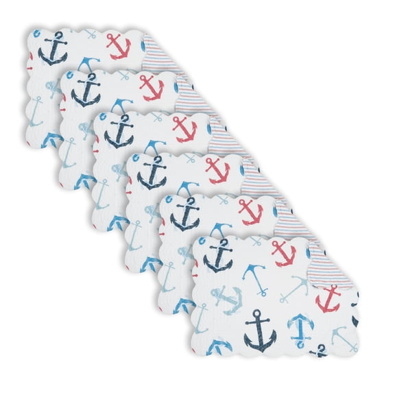 Anchors Away Cotton Quilted Rectangular Reversible Placemats Set of 6, 13" x 19"