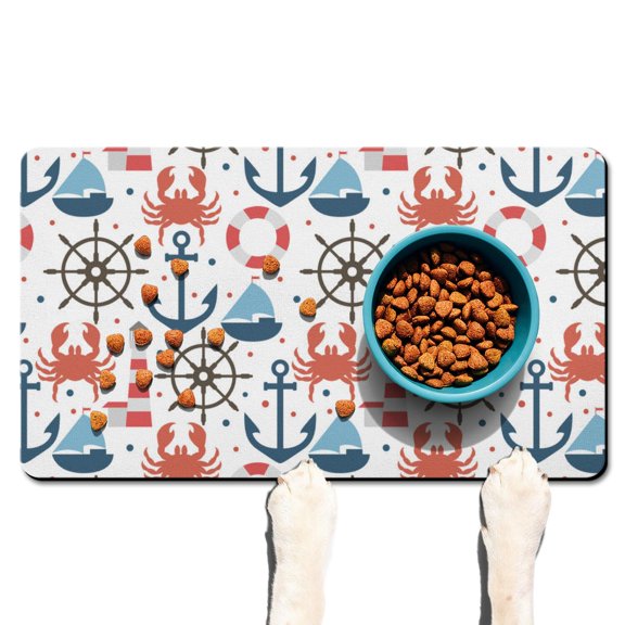 Anchors Map Beach Tropical Dog Food Mat – Summer Coastal Pet Feeding Mat 17x30, Non-Slip, Absorbent, Quick Dry, , Easy Clean