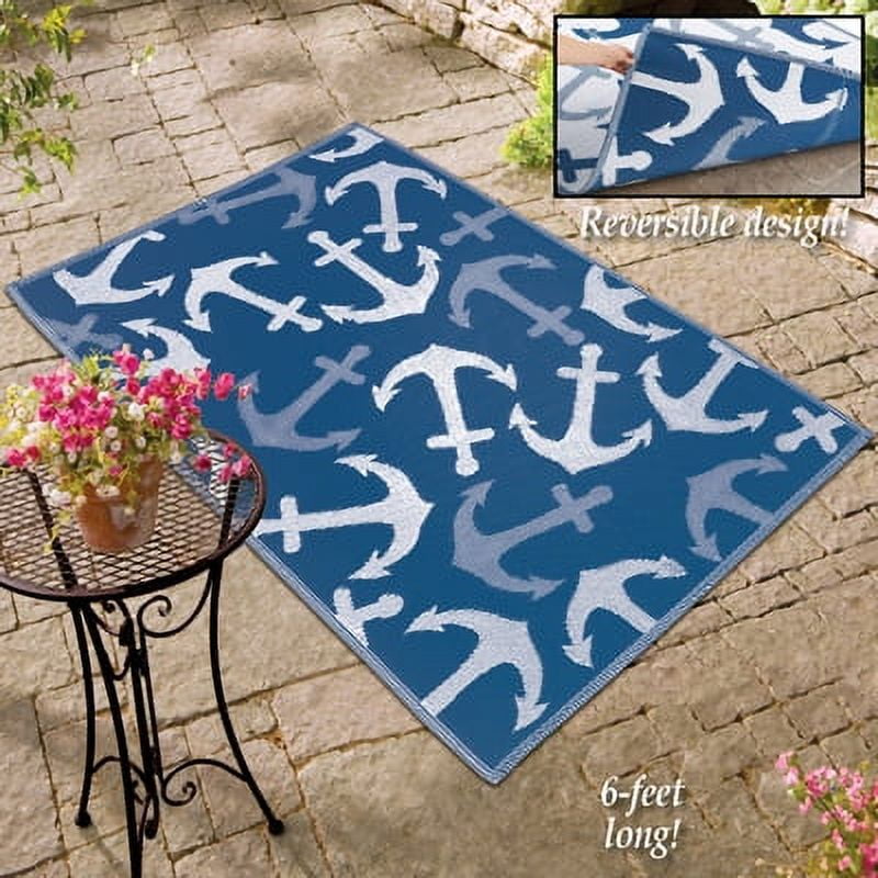 Anchors Nautical Navy Blue White Reversible Outdoor Patio Mat Rug