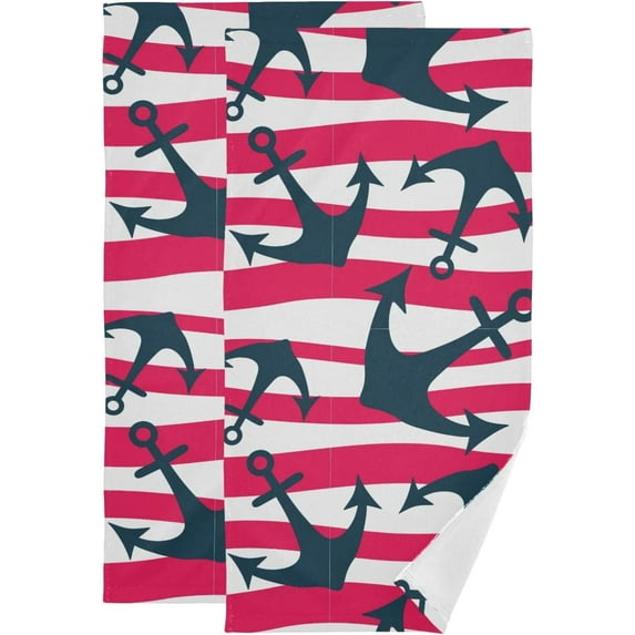 Anchors Pinnk Stripes Hand Towels, Summer Element Kitchen Towel Ultra Soft and Absorbent,Decorative Fingertip Face Towel for Bathroom Hotel, 2 PCS, 28.3"x 14.4"