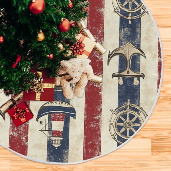 Anchors Ship Wheels Christmas Tree Skirt 48 Inch Winter Xmas Tree Mat for Home Party Holiday Decorations