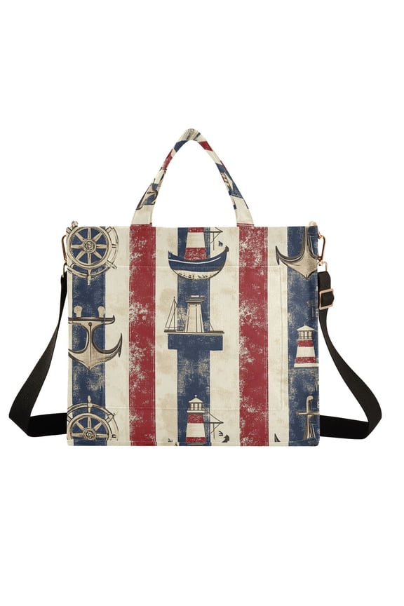 Anchors Ship Wheels Corduroy Tote Bag Handbag Large Messenger Bag Shoulder Crossbody Zipper Bag Purse