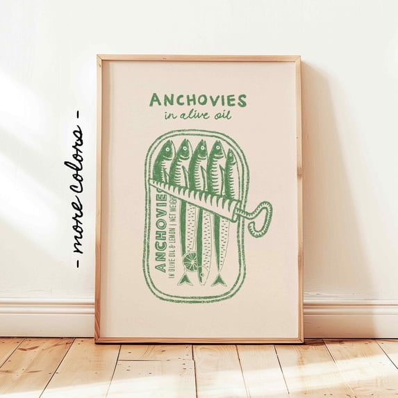Anchovies Tin Poster Retro Green Sardine Fish Vintage Kitchen Wall ...