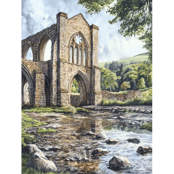 Ancient Abbey Ruins Watercolor Painting/Canvas Print Suitable for Living Room Bedroom Office Hallway and Study Decoration.