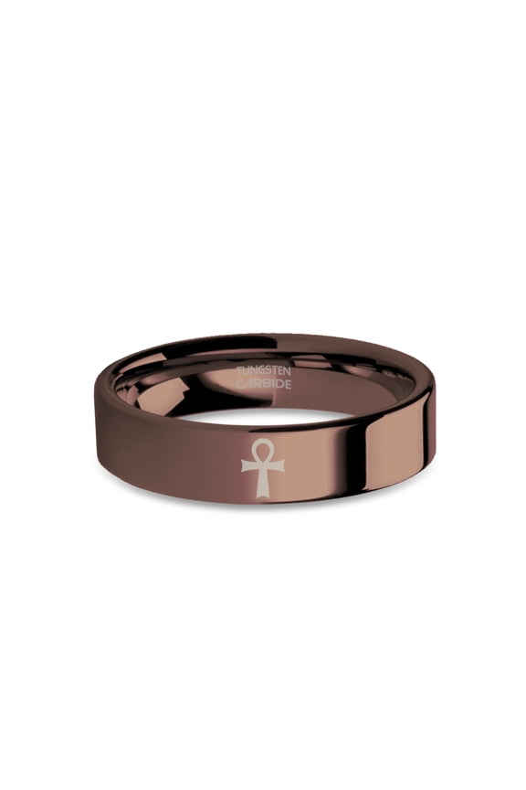 Ancient Ankh Charm Engraved Copper Brown Tungsten Ring, Polished, 6mm, Size 13