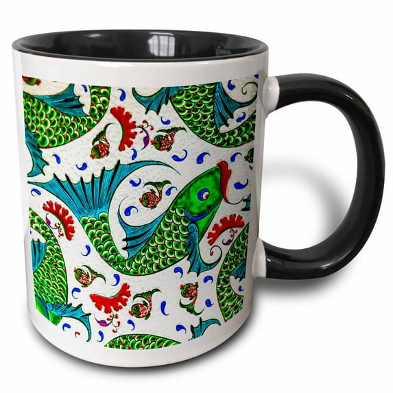 3drose, Ancient Arab Islamic Fish Designs Pottery Madaba Jordan, 11oz Two-tone Black Mug