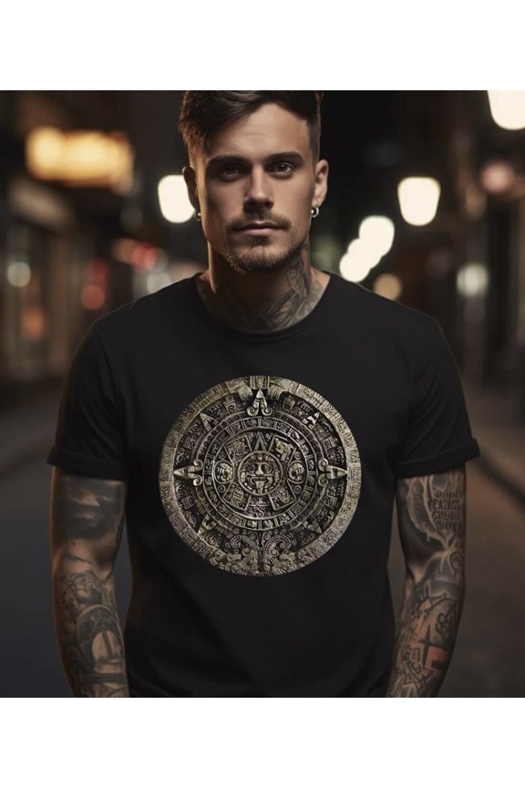 Ancient Aztec or Mayan Calendar Maya Black T-Shirt S-5XL, Gildan 5000