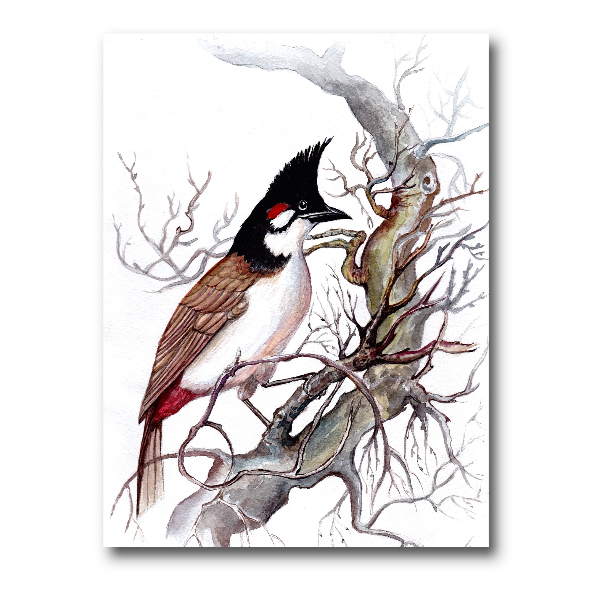 Ancient Beautiful Bird On A Branch 24 in x 32 in Painting Canvas Art Print, by Designart