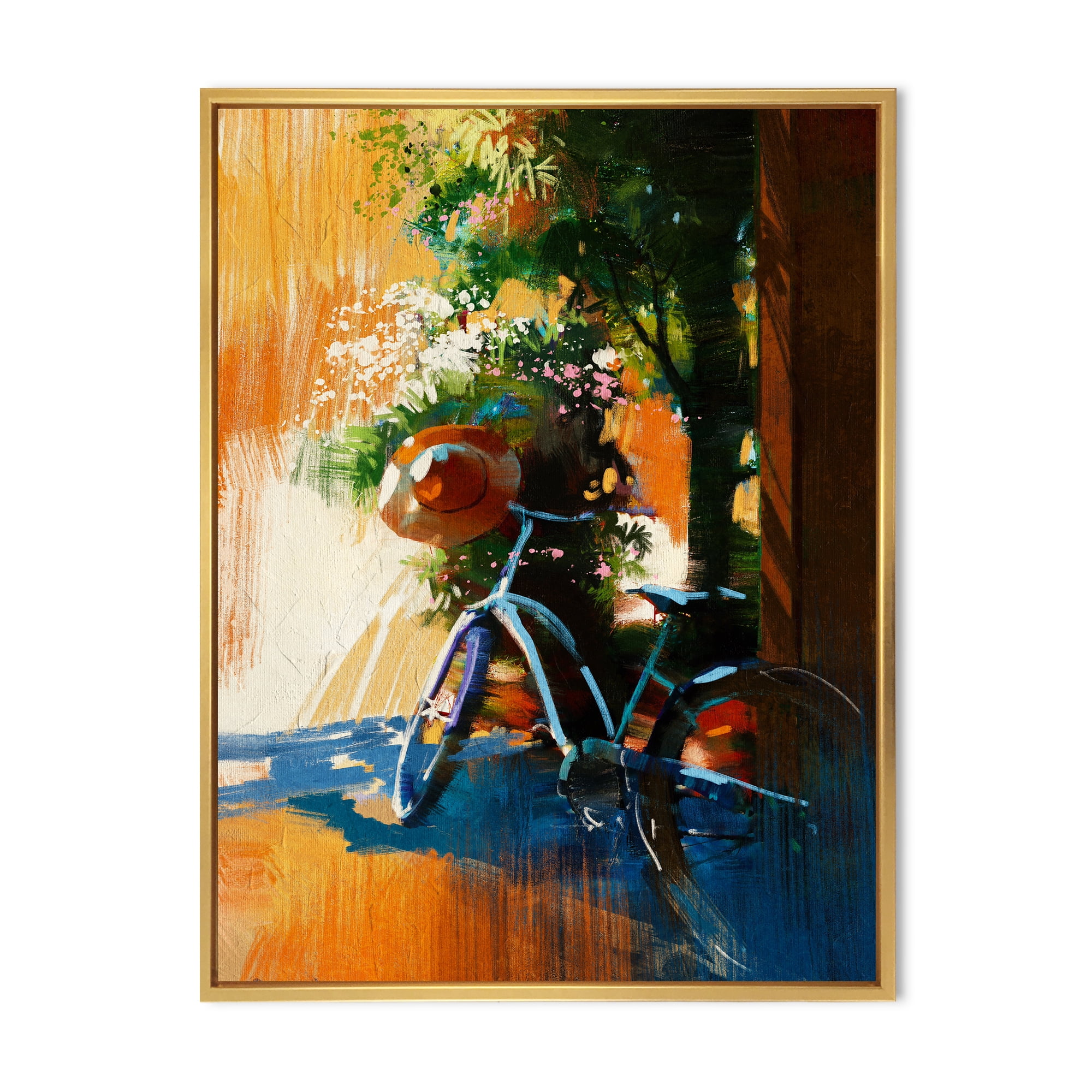 Ancient Bicycle and Old Hat On Summer Day 16 in x 32 in Framed Painting Canvas Art Print, by Designart