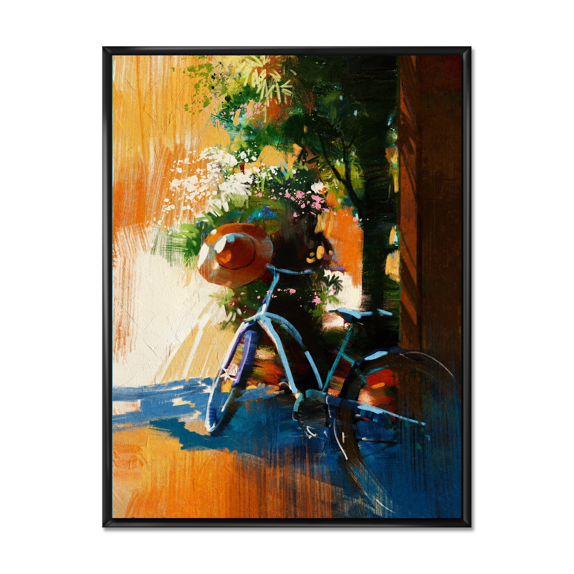 Ancient Bicycle and Old Hat On Summer Day 30 in x 40 in Framed Painting Canvas Art Print, by Designart