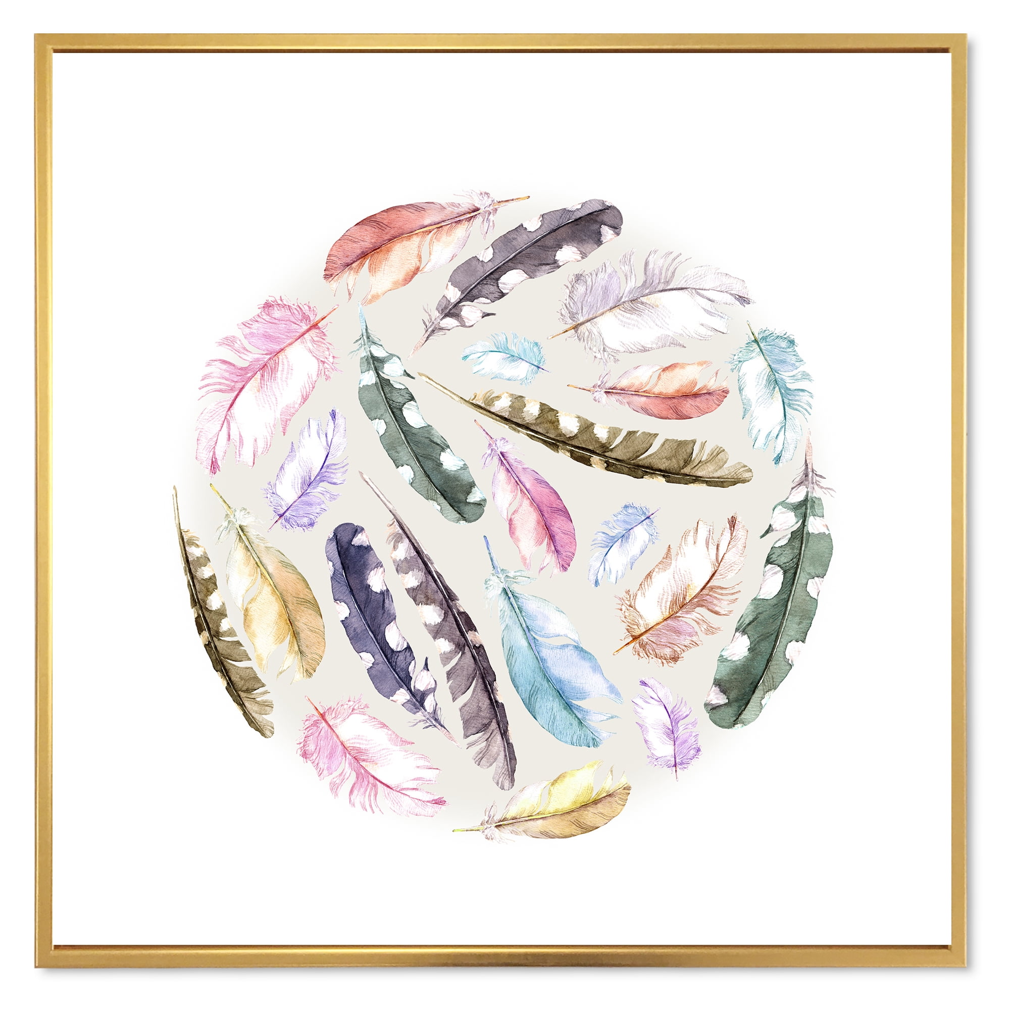 Ancient Bird Feathers In Circle 16 in x 16 in Framed Painting Canvas Art Print, by Designart