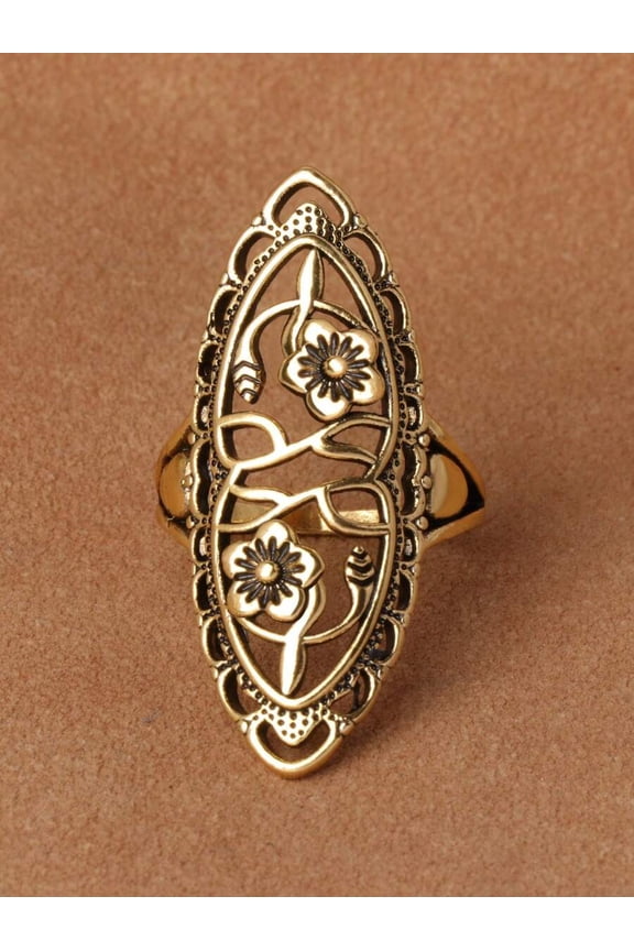 Ancient Bronze Vintage Hollow Carved Floral Long Ring For Women