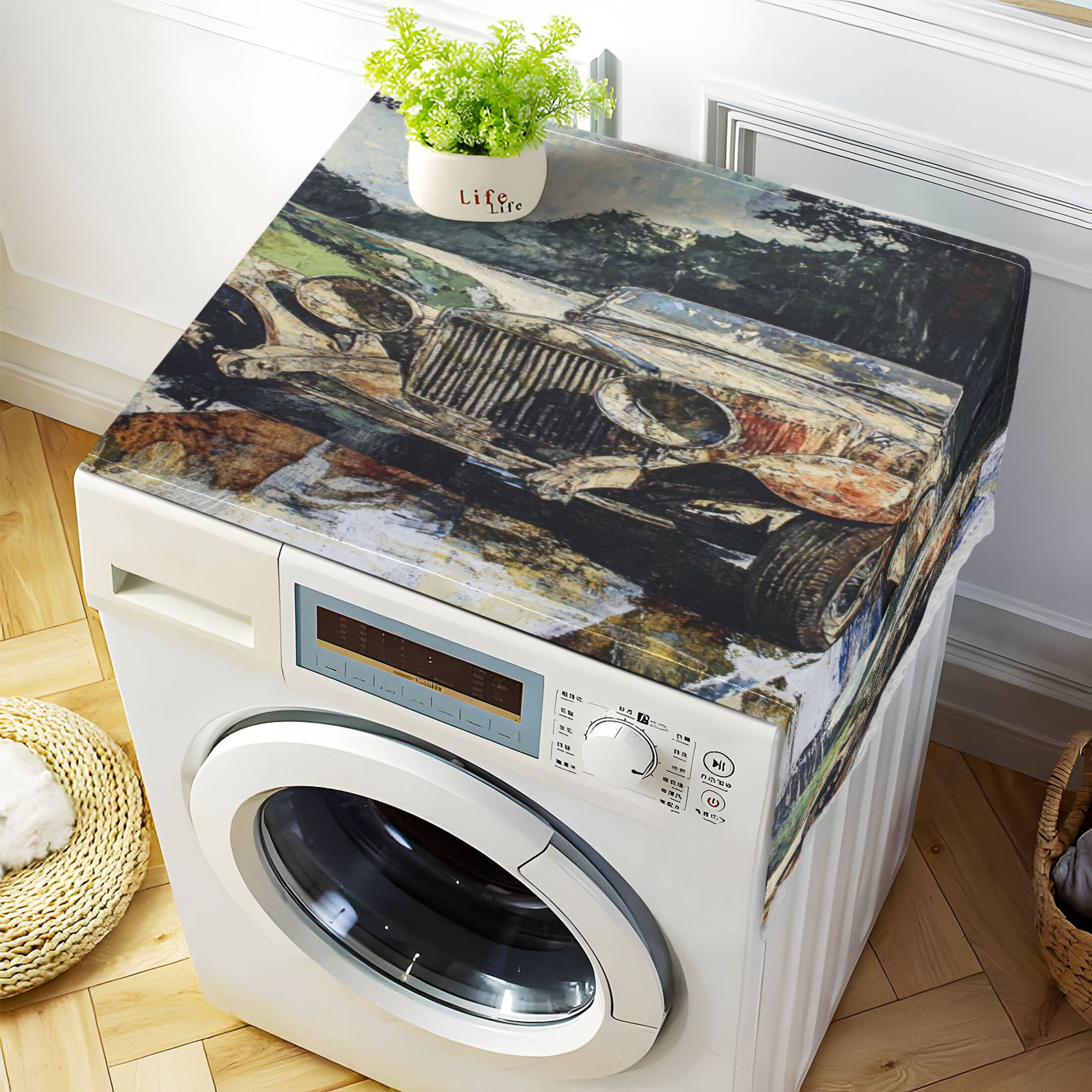 Ancient CarsWasher and Dryer Covers Dust-Proof and Oil Resistant Fridge Cover with 4 Storage Pockets Washing Machine Top Cover for Laundry Kitchen Home 51.2 x 22 In