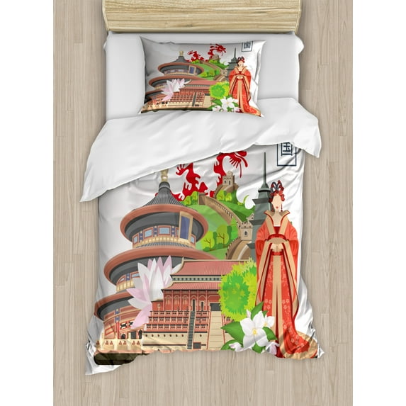 Ancient China Twin Size Duvet Cover Set, Vintage Style Chinese Attributes of Phoenix Dress Lotus Flower Dragon Palace, Decorative 2 Piece Bedding Set with 1 Pillow Sham, Multicolor, by Ambesonne