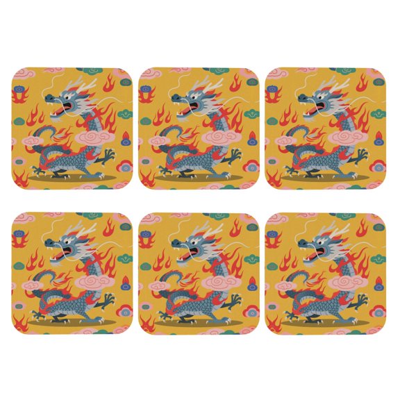 Ancient Chinese Qing Dynasty Eror'S Dragon Set of 6 Faux Leather 4 Inch Coasters Drinks Tabletop Home Dinning Square