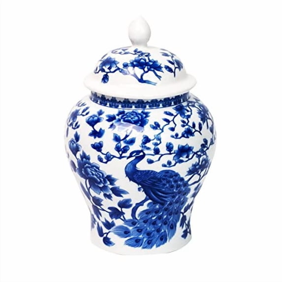 Ancient Chinese Style Blue and White Porcelain Peacock Pattern Helmet-shaped Temple Jar. Peacock Pattern Medium-Large