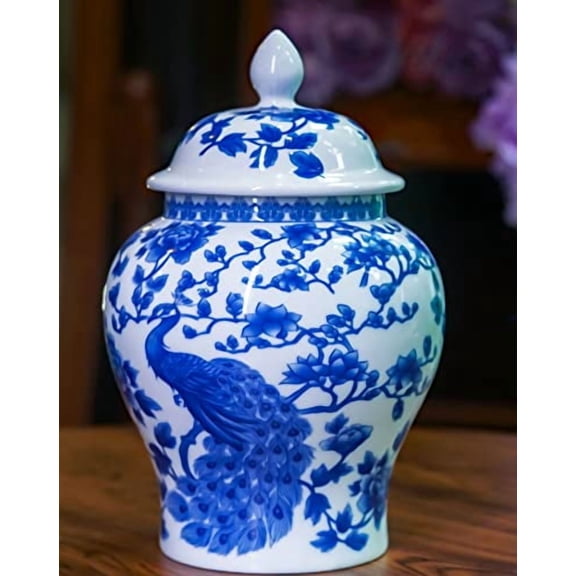 Ancient Chinese Style Blue and White Porcelain Peacock Pattern Helmet-shaped Temple Jar. Peacock Pattern Medium-Large