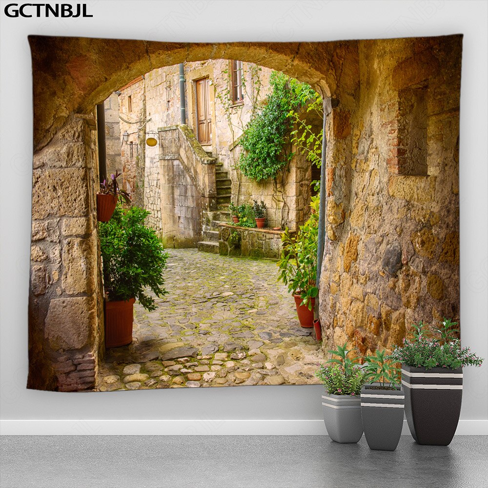 Ancient Chinese Style Landscape Big Tapestry Screen Arch Garden Natural Scenery Patio Home Decor