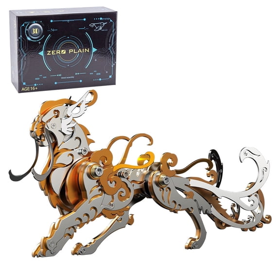 Ancient Chinese Tiger Beast 3D Metal Model Kit | 88PCS DIY Mechanical Creature Puzzle with Orange Finish | Mythical Animal Collectible for Home Office Desk Display Decor