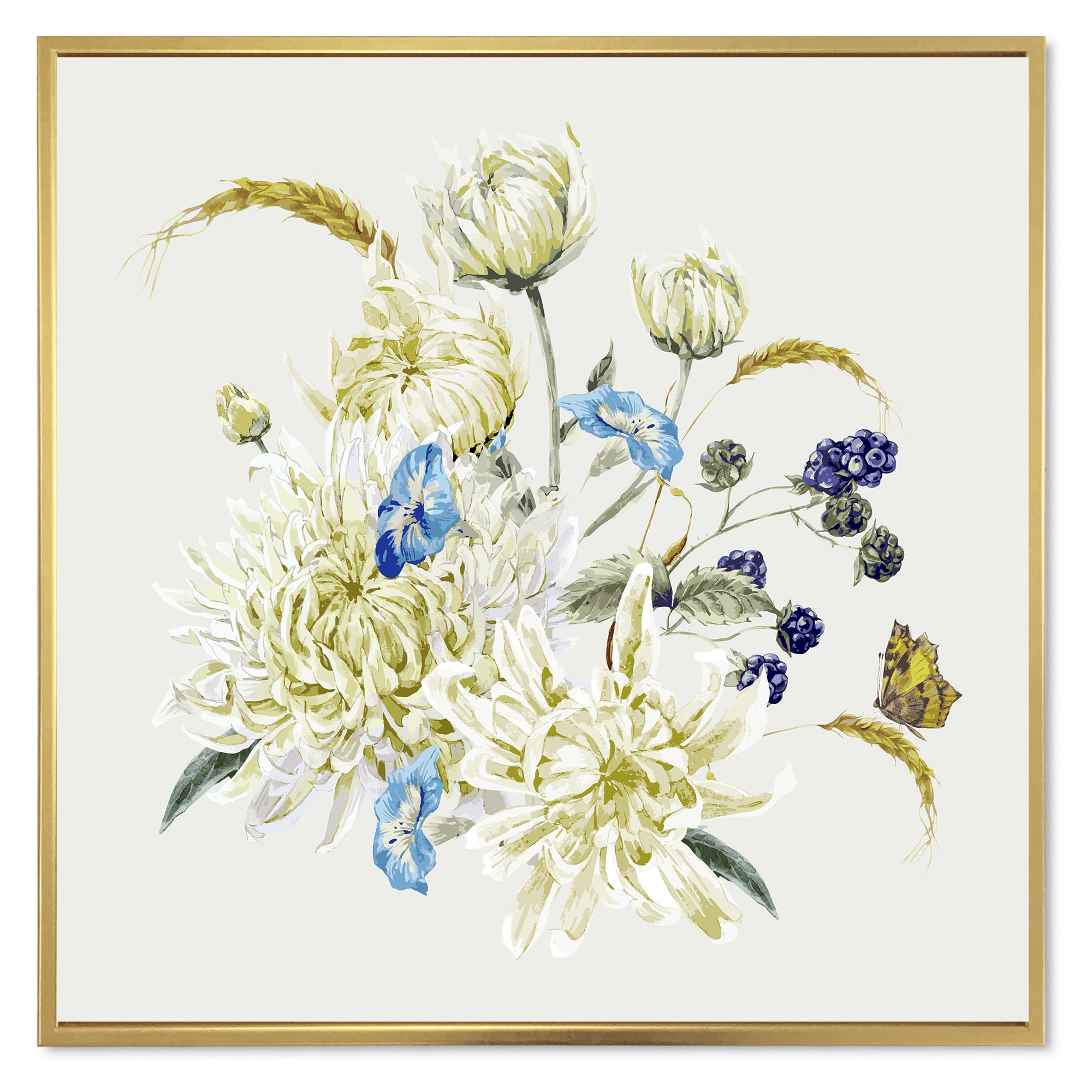 Ancient Chrysanthemums With Bouquet II 36 in x 36 in Framed Painting Canvas Art Print, by Designart